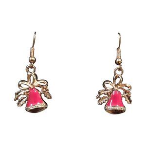 Christmas Bell Earrings Red and Gold-Tone Excellent Condition